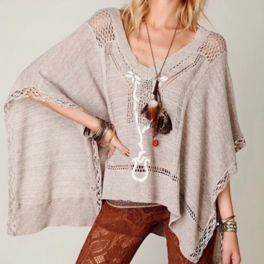 Vintage Free People Silk & Cotton Blend Oatmeal Poncho Cape Onesize